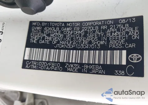 2013 Toyota Prius Plug-In z USA, uszkodzony, nr VIN JTDKN3DP1D3047013